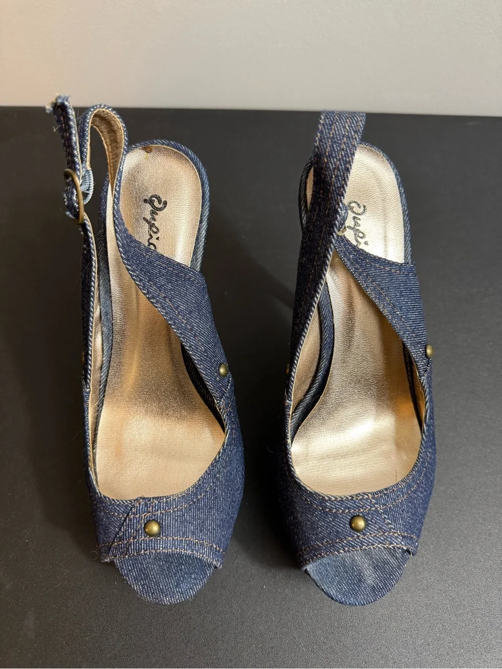 Qupid Denim Peep-Toe Slingback Wedges - Blue
